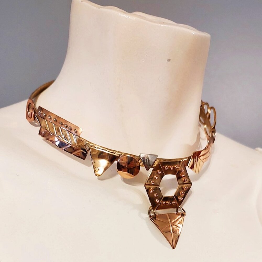 1980s Vintage Mixed Metal Geometric Choker Collar Necklace Artisan Made